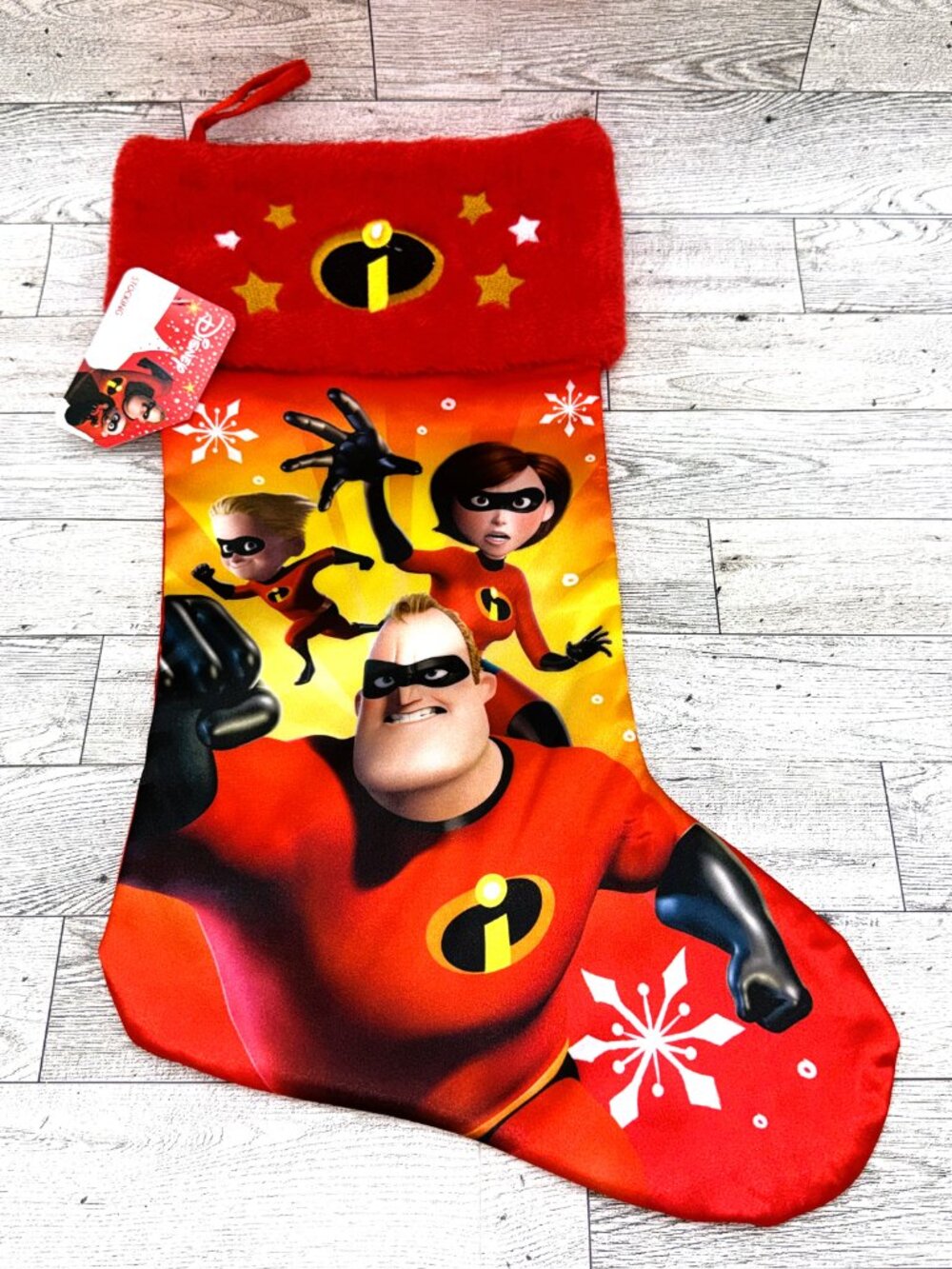NWT 2018 Disney Incredibles 2 Red w/Yellow/Orange Satin Christmas Stocking